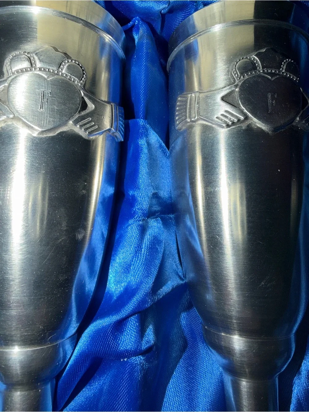 NIOB Mullingar Pewter Claddagh Champagne Flutes 8” Boxed Monogram “F”